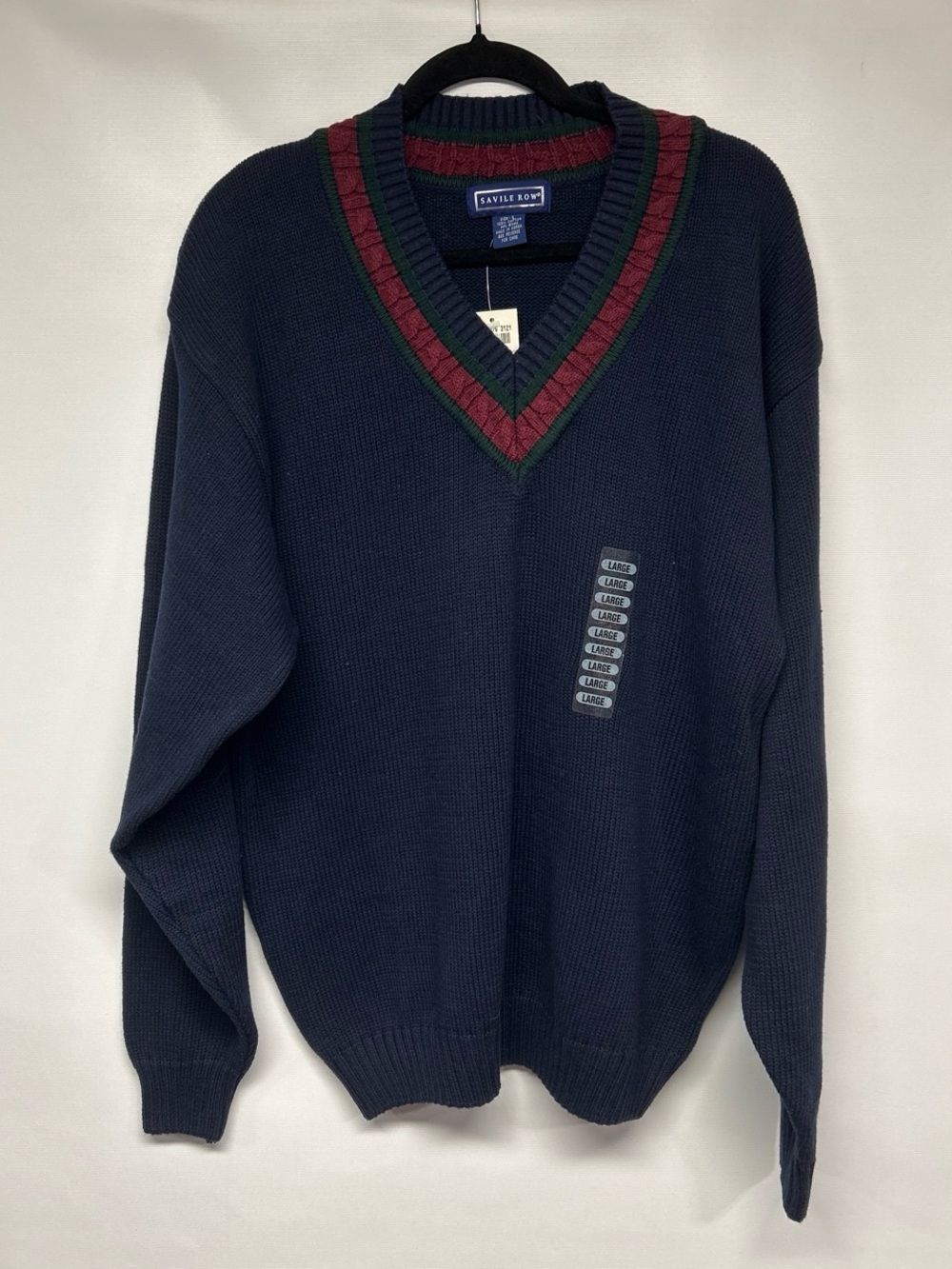 Savile Row Navy V-Neck Sweater with Burgundy & Green Trim